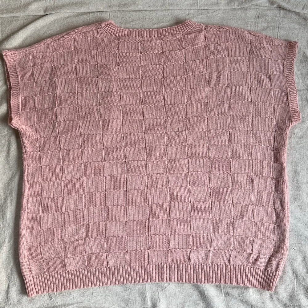 Pink 4XL Basket Weave Texture Checkerboard Knit Short Sleeve Boxy Sweater Boho - Picture 6 of 8